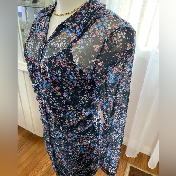 Forever 21 mesh semi sheer ruched floral buttons mini dress Sz L - Picture 9 of 13